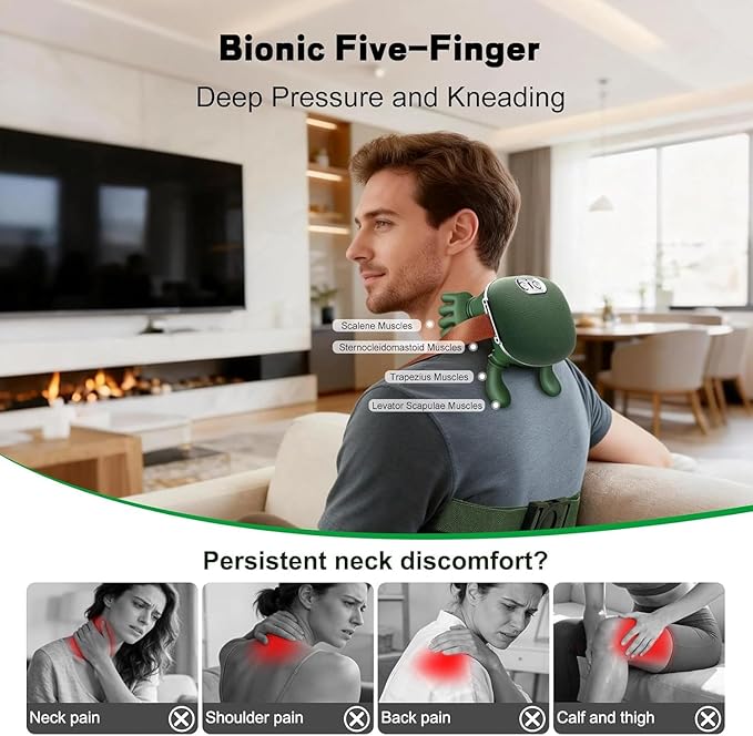 Bionic Heated Massager, Wireless Portable Shiatsu Neck and Back Massager, Electric Deep Tissue 4D Kneading Massage, Simulated Human Hand Design for Pain Relief and Muscle Relax for Adults.(Green)