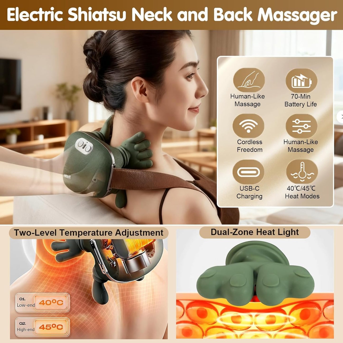 Bionic Heated Massager, Wireless Portable Shiatsu Neck and Back Massager, Electric Deep Tissue 4D Kneading Massage, Simulated Human Hand Design for Pain Relief and Muscle Relax for Adults.(Green)