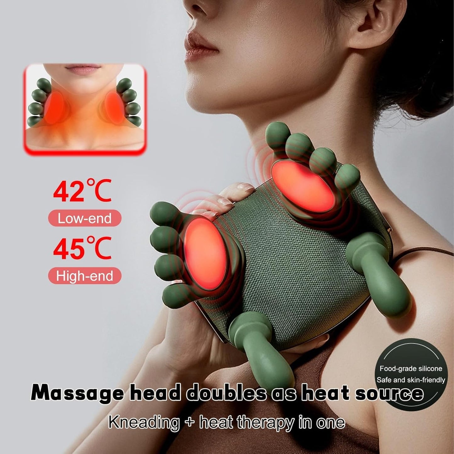Bionic Heated Massager, Wireless Portable Shiatsu Neck and Back Massager, Electric Deep Tissue 4D Kneading Massage, Simulated Human Hand Design for Pain Relief and Muscle Relax for Adults.(Green)