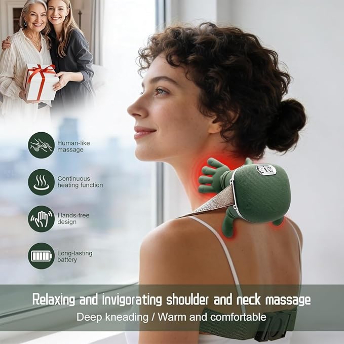 Bionic Heated Massager, Wireless Portable Shiatsu Neck and Back Massager, Electric Deep Tissue 4D Kneading Massage, Simulated Human Hand Design for Pain Relief and Muscle Relax for Adults.(Green)