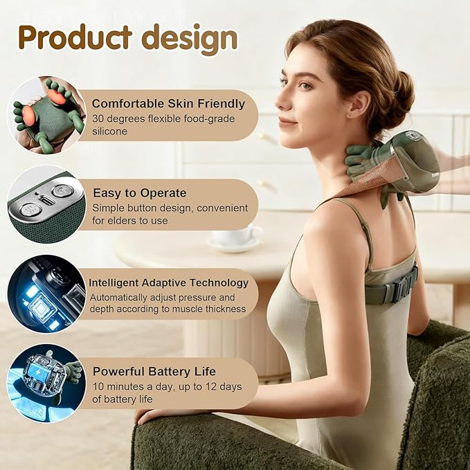 Bionic Heated Massager, Wireless Portable Shiatsu Neck and Back Massager, Electric Deep Tissue 4D Kneading Massage, Simulated Human Hand Design for Pain Relief and Muscle Relax for Adults.(Green)