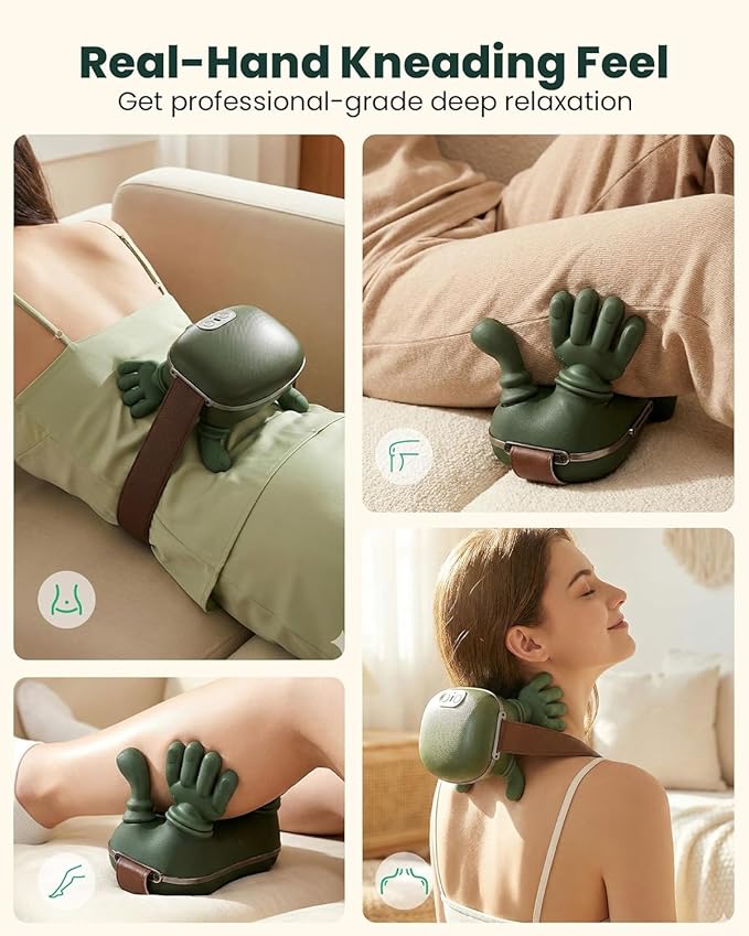 Bionic Heated Massager, Wireless Portable Shiatsu Neck and Back Massager, Electric Deep Tissue 4D Kneading Massage, Simulated Human Hand Design for Pain Relief and Muscle Relax for Adults.(Green)